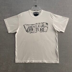 Versace Jeans Couture T-Shirt Mens L Cream Cotton Distressed Graphic Logo